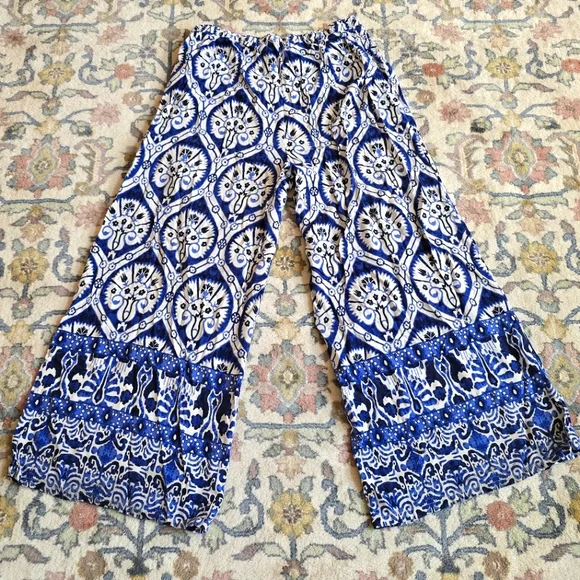 Haute Hippie Blue And White Mosiac Palazzo Wide-Leg Pants Women's L - Picture 2 of 10
